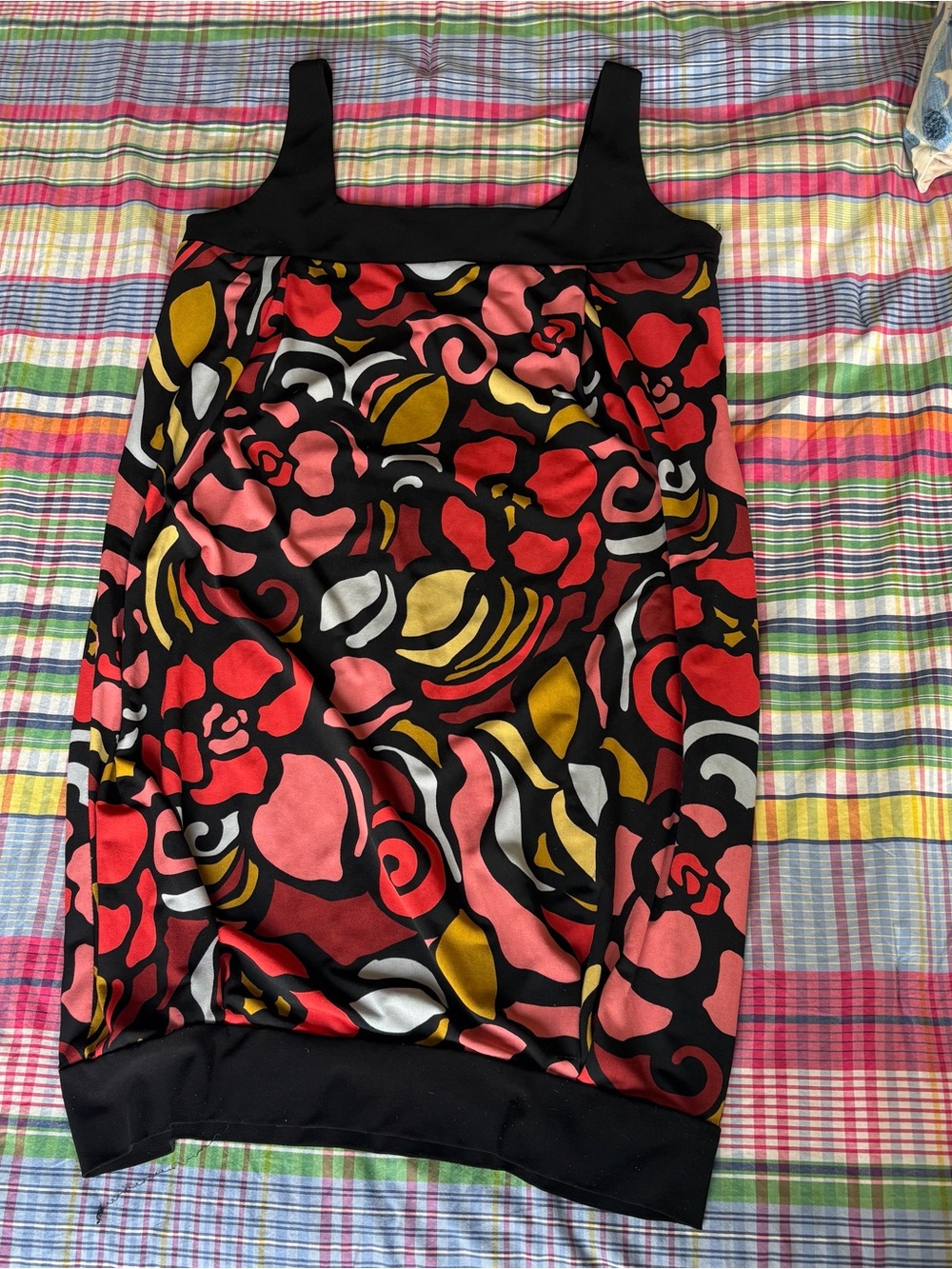 Tiana B. Black Shifty Mod Dress with Red, Pink & Gold Abstract Print